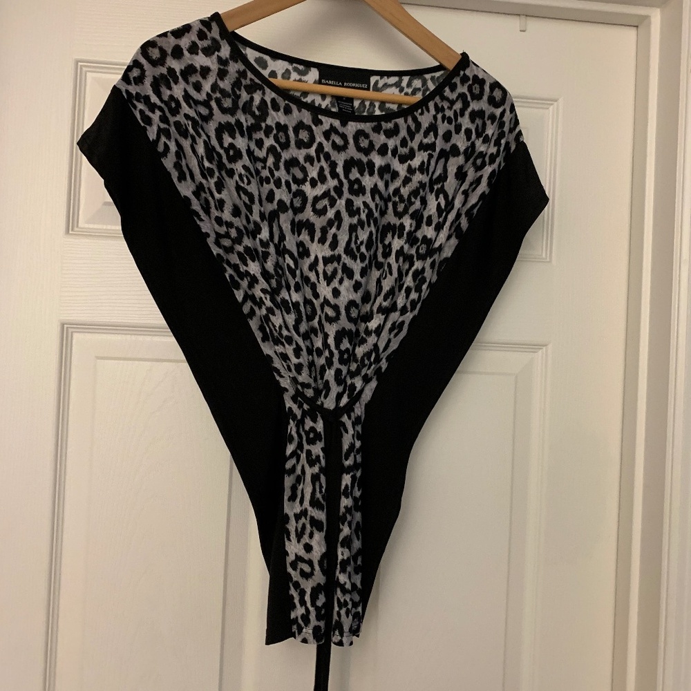 Leopard Print Grey Black Belted Business Casual Top Isabella Rodriguez Size S